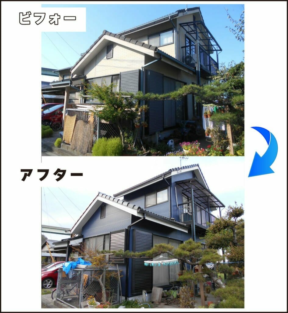 愛媛県東温市 外壁塗装 ビフォーアフター 瓦屋根 ネイビー 遮熱無機塗料